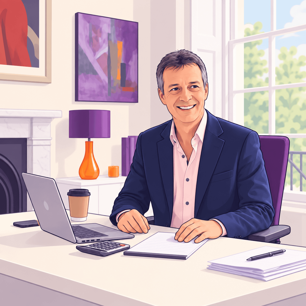 Illustration of an accountant at a desk in a bright office