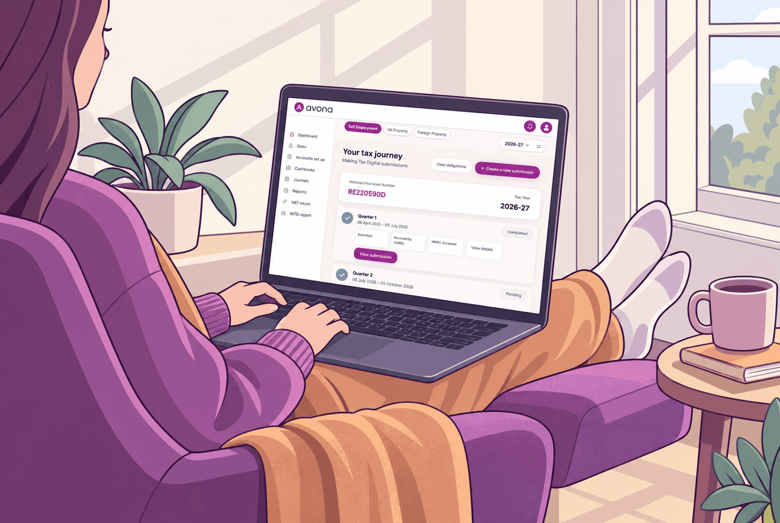 Illustration of a person using Avona on a laptop by a sunny window