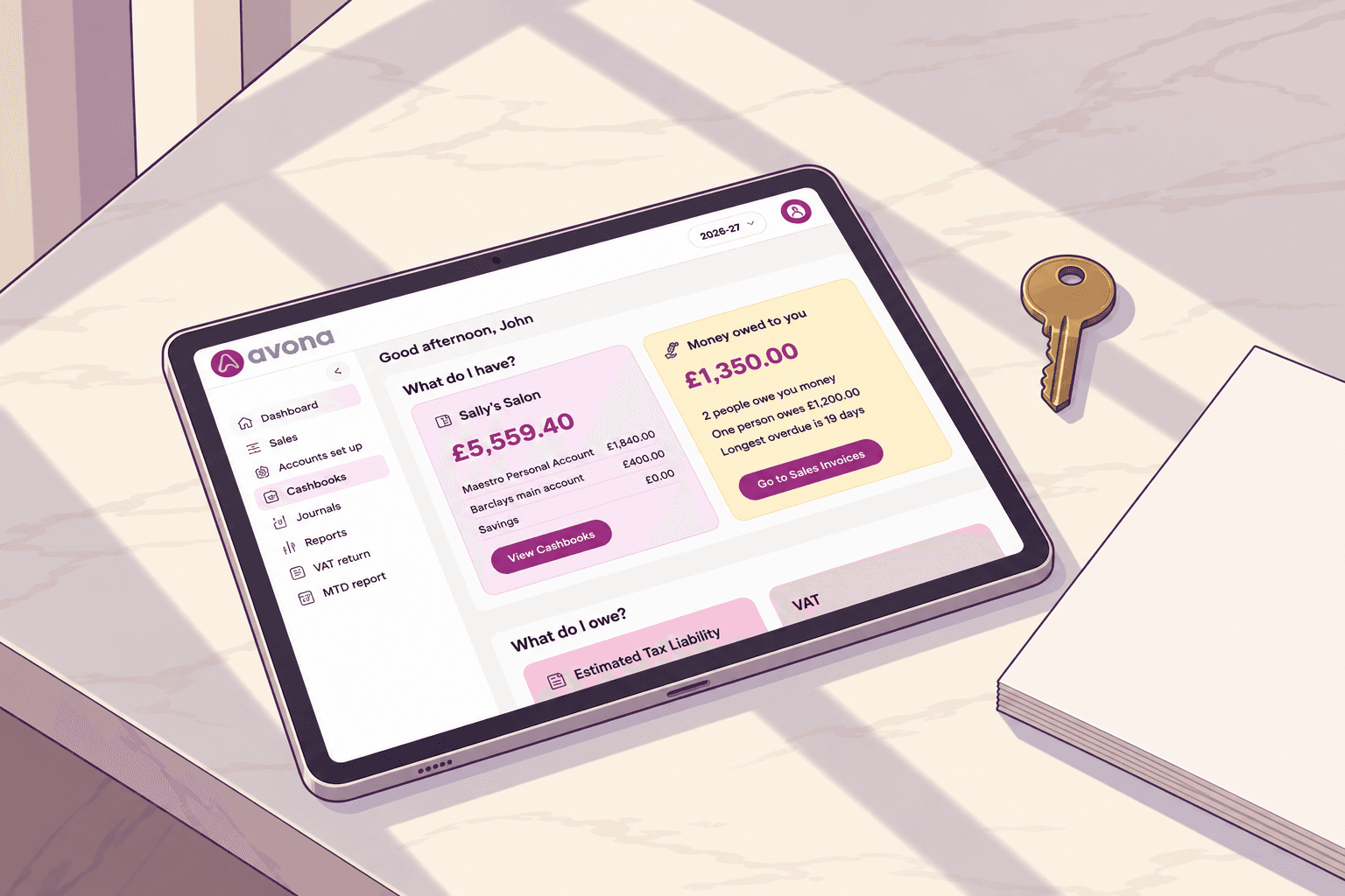 Illustration of the Avona account dashboard on a tablet beside a key