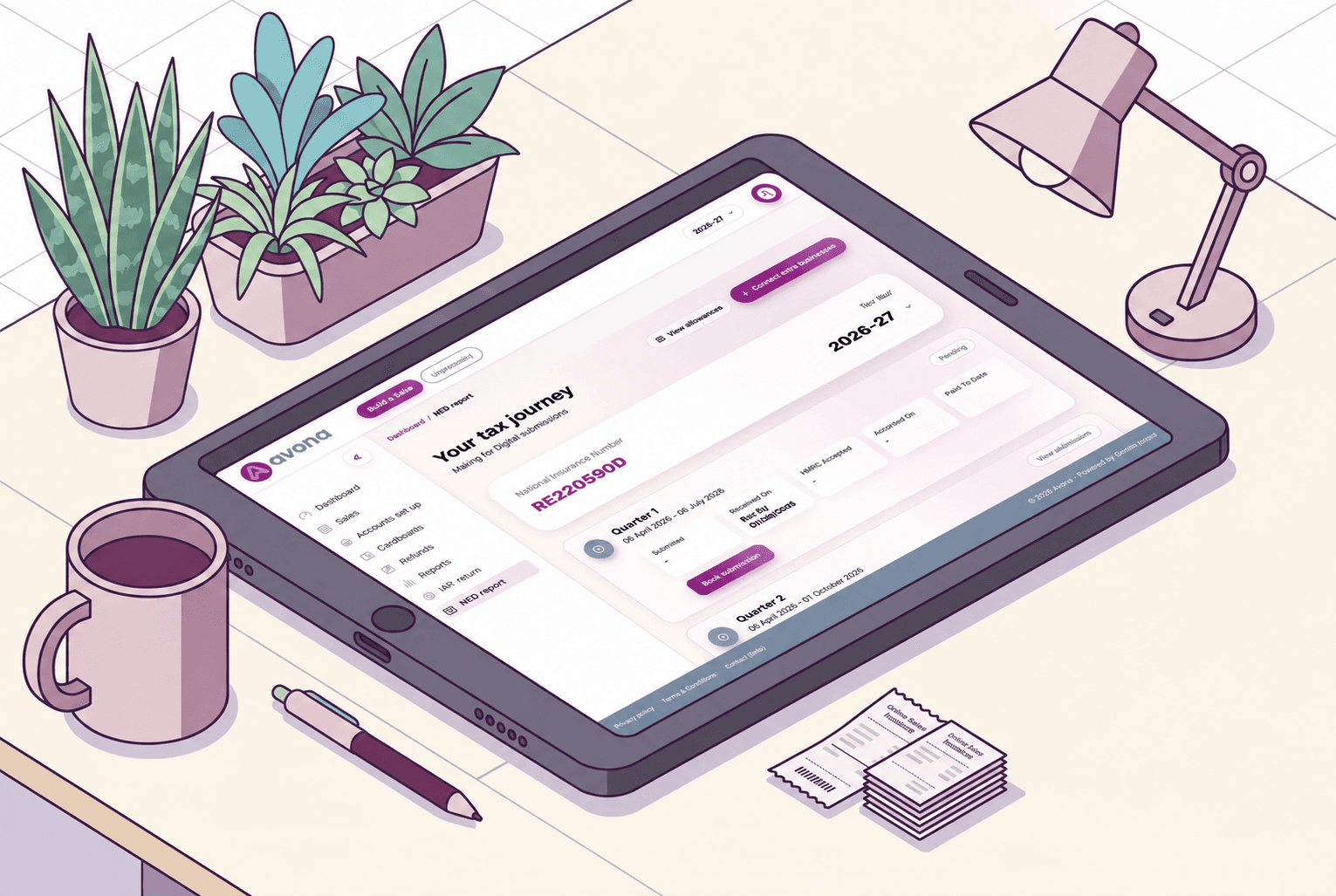 An illustrated desk with the Avona tax dashboard open on a tablet