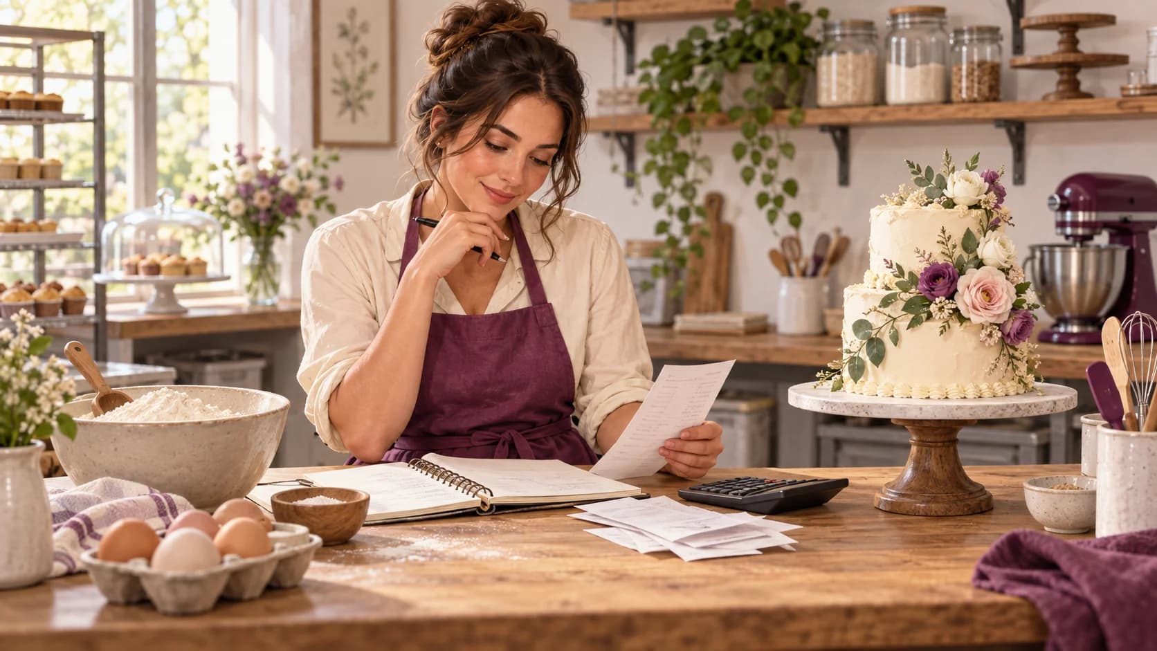 Illustration of bakers and cake makers reviewing business records in their workplace.
