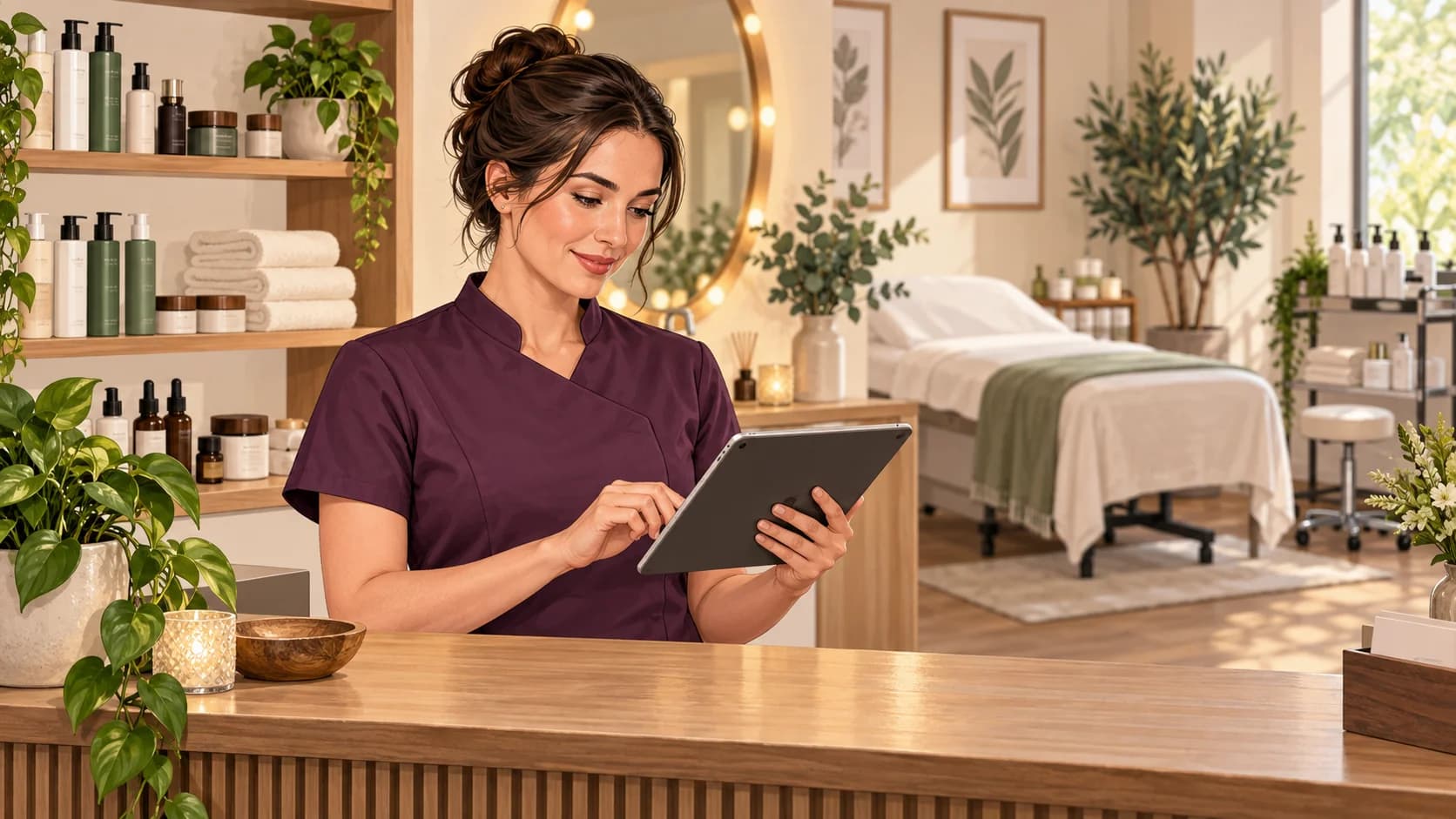 Illustration of beauty therapists reviewing business records in their workplace.