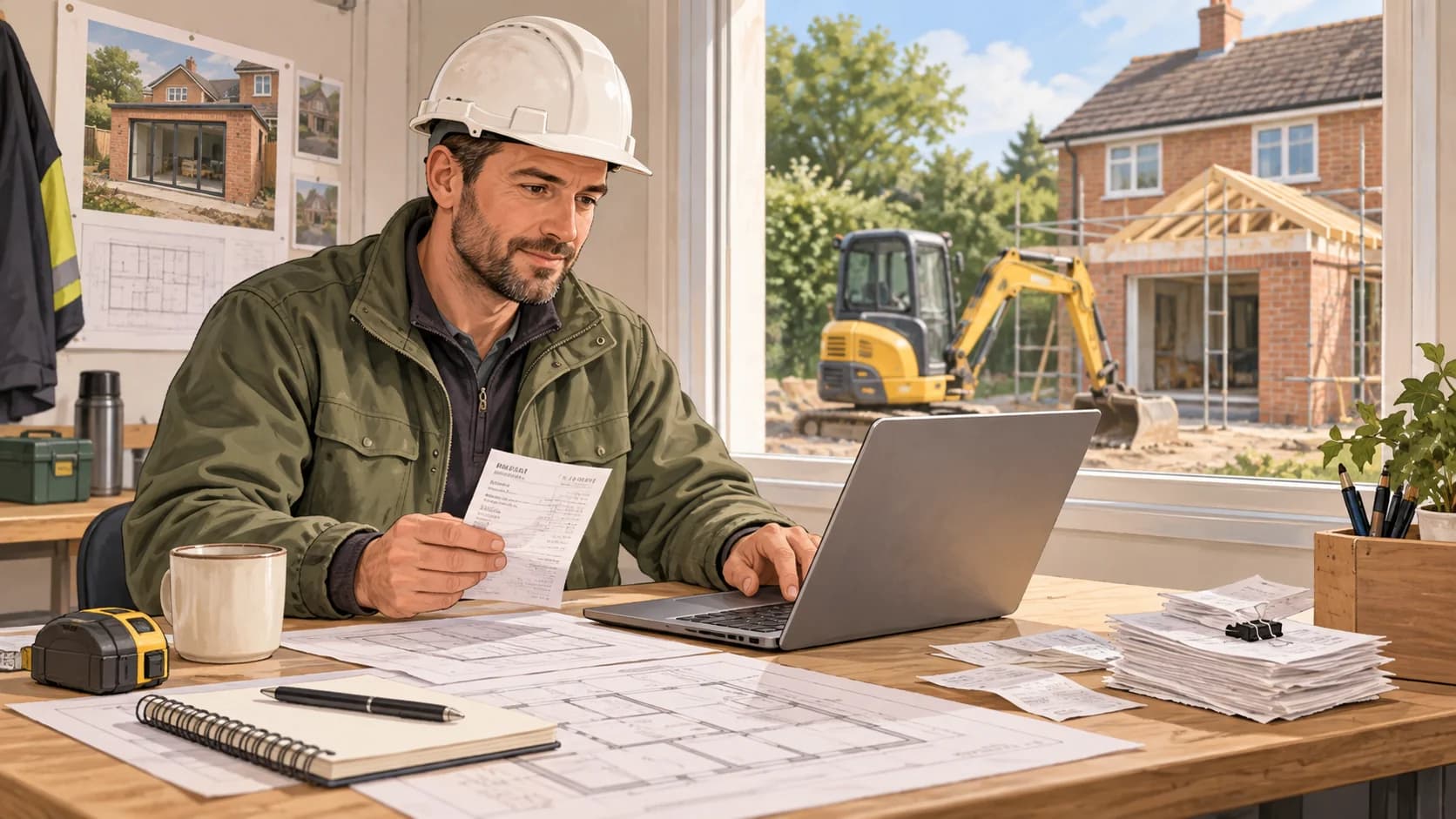 Illustration of builders reviewing business records in their workplace.
