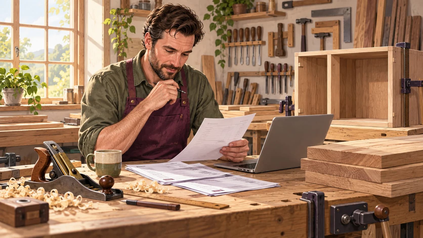 Illustration of carpenters and joiners reviewing business records in their workplace.