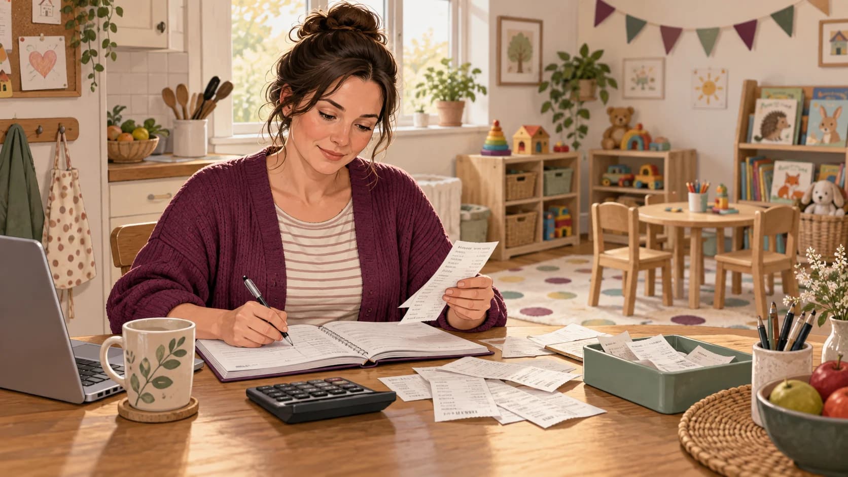 Illustration of childminders reviewing business records in their workplace.