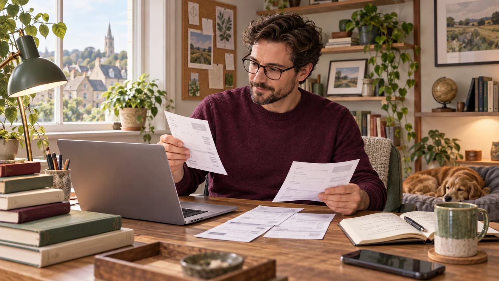 Illustration of copywriters and content creators reviewing business records in their workplace.