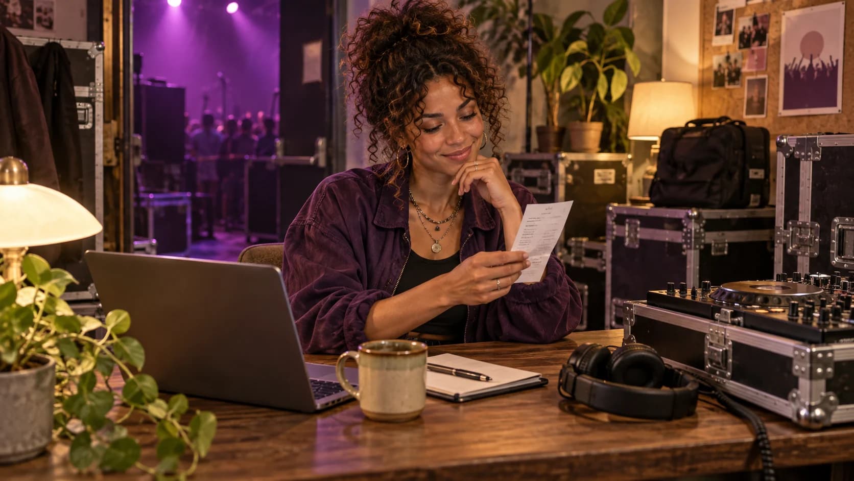 Illustration of djs and musicians reviewing business records in their workplace.