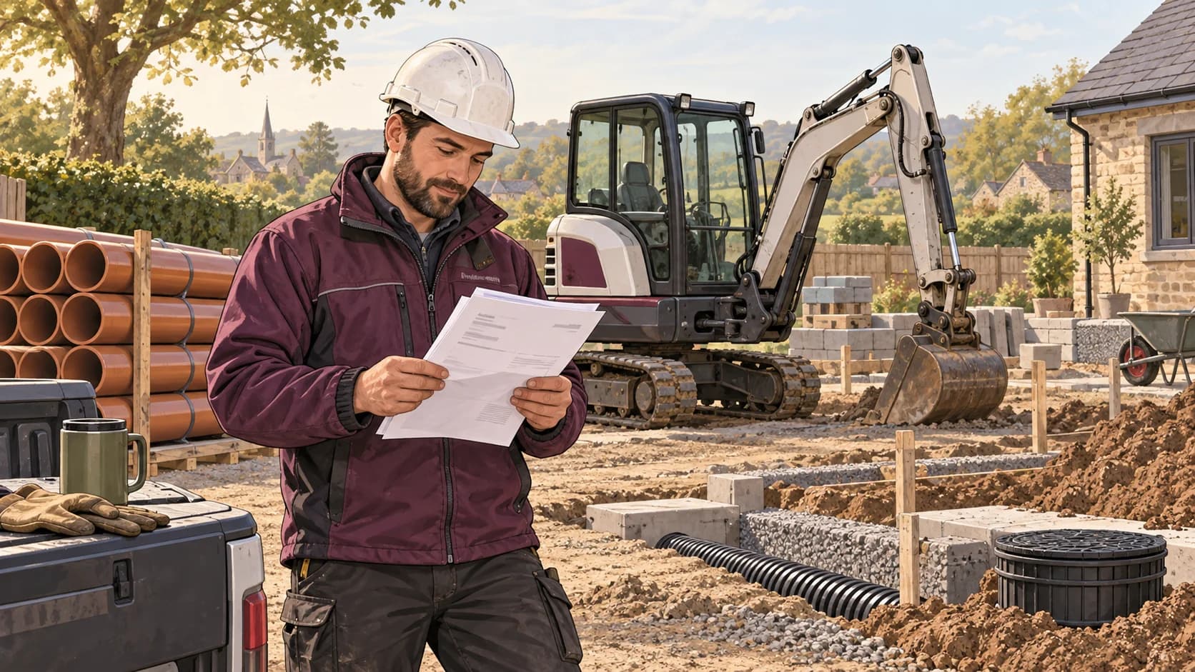 Illustration of groundworkers reviewing business records in their workplace.