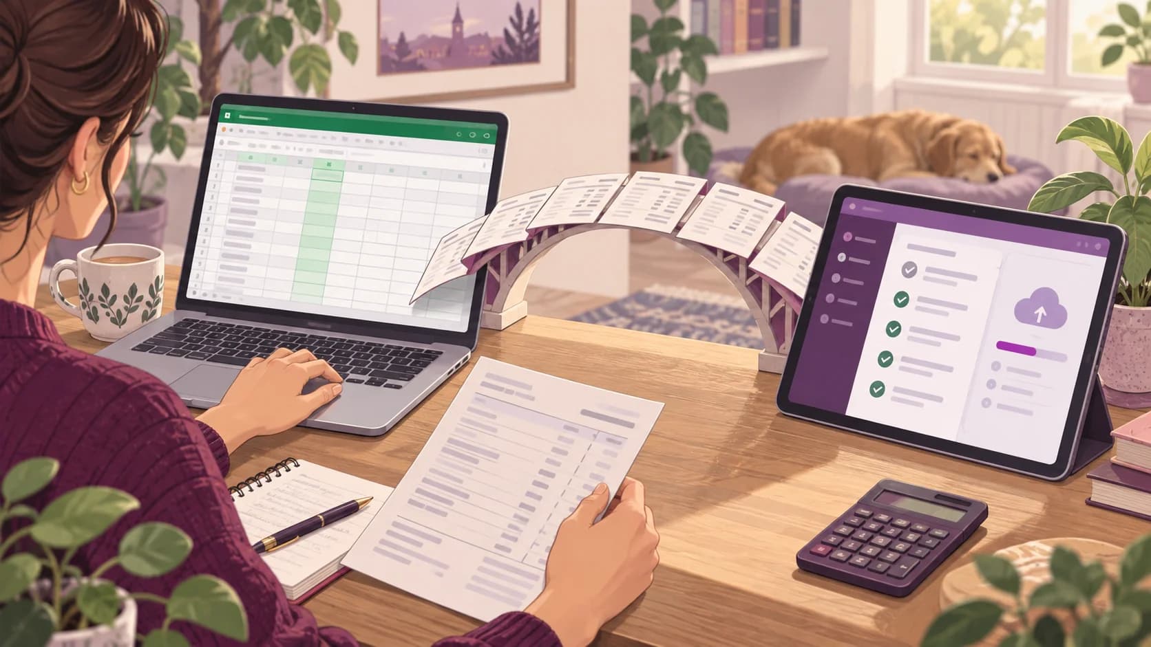 A paper bridge connects a spreadsheet laptop to a digital bookkeeping tablet.
