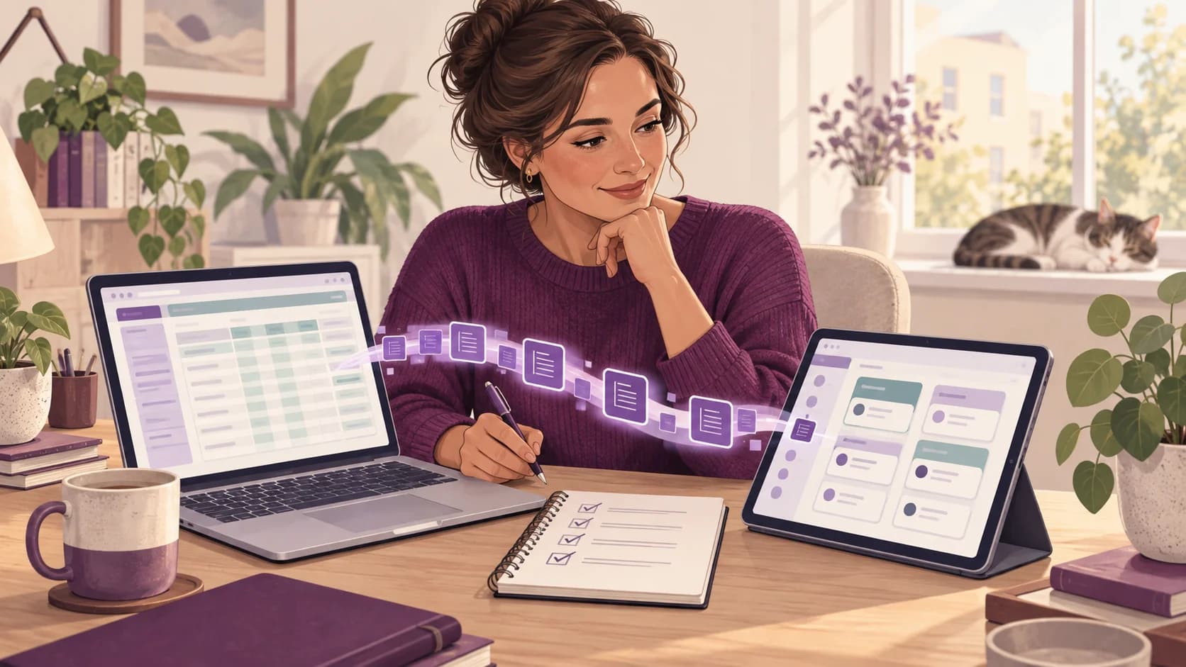 Digital records flow between a spreadsheet laptop and a bookkeeping tablet.