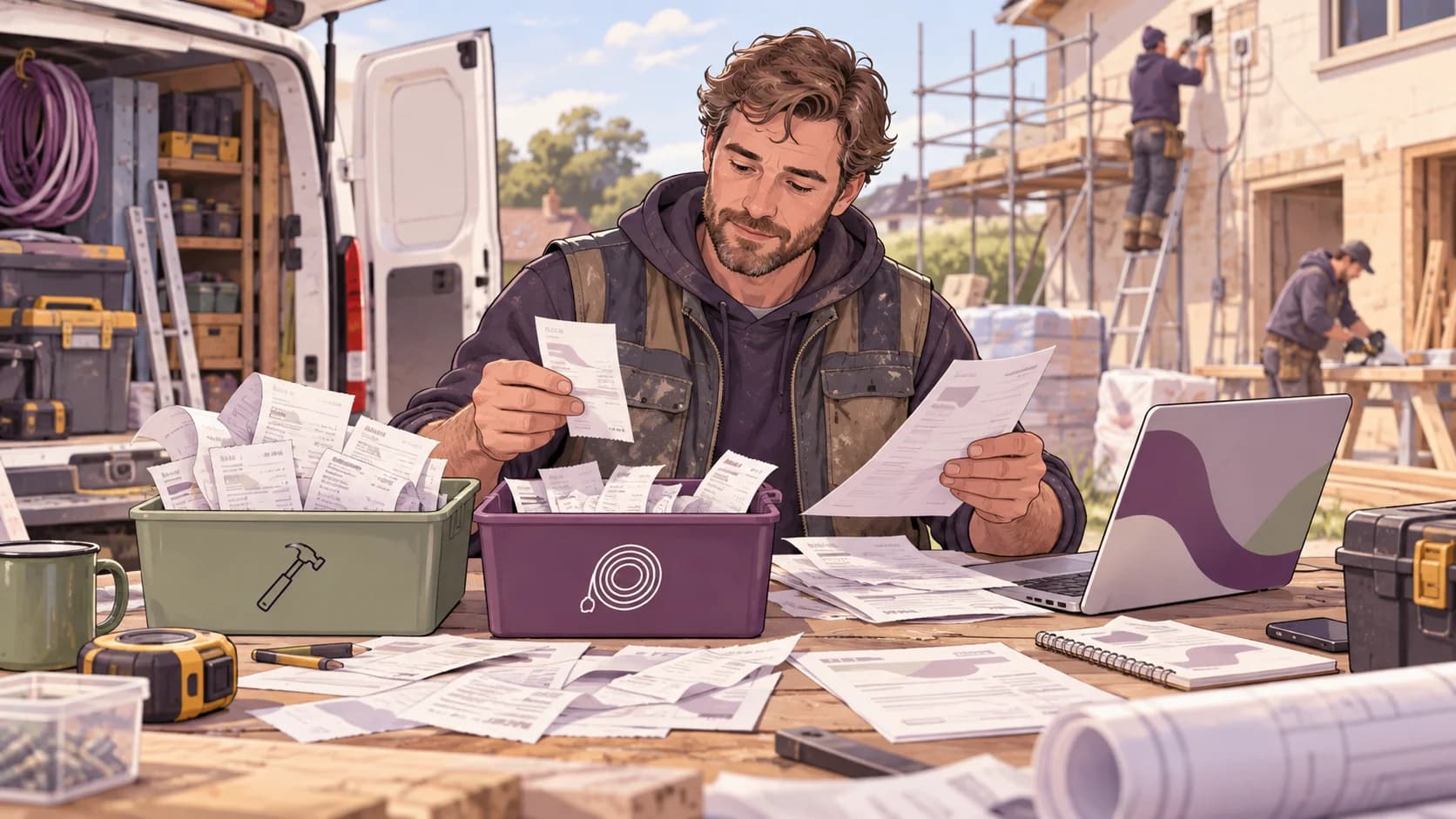 Editorial illustration: Electricians and builders: tracking materials and labour on site