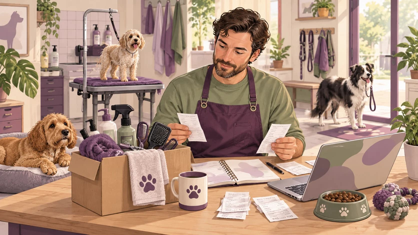 Editorial illustration: Dog groomers and walkers: keeping track of allowable business expenses