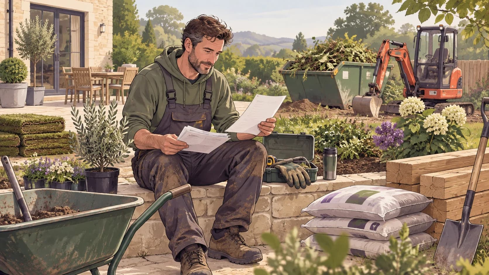 Editorial illustration: Gardeners and landscapers: recording machinery, materials and waste costs